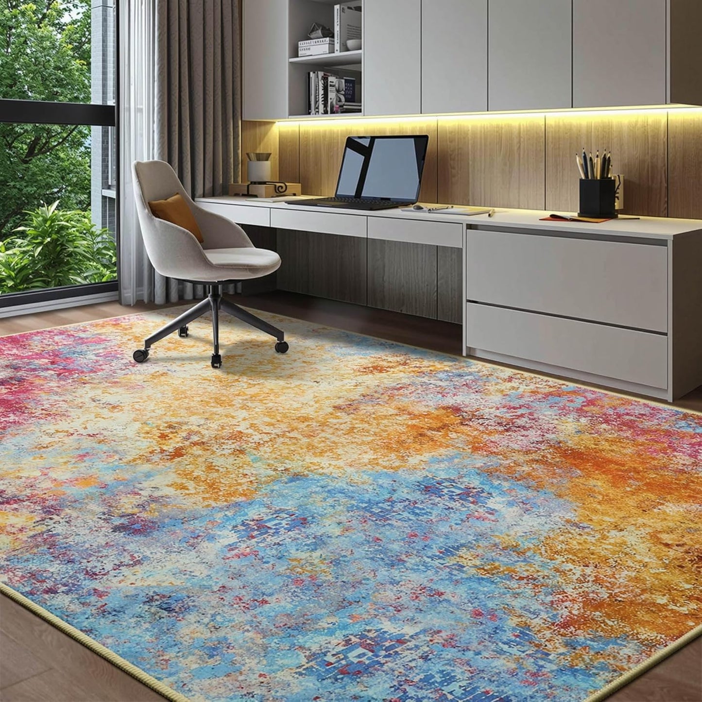 Kelarea Living Room Rug, 5x7 Modern Abstract Washable Rugs, Colorful Non Slip Low Pile Carpet, Stain Resistant Rugs for Bedroom, Dining Room, Nursery, Home Office