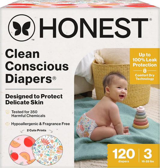 The Honest Company Clean Conscious Diapers for Delicate Skin | Up to 100% Leakproof | Hypoallergenic, Fragrance Free | Girl Prints | Super Club Box, Size 3 (16-28 lbs), 120 Count (Prints May Vary)