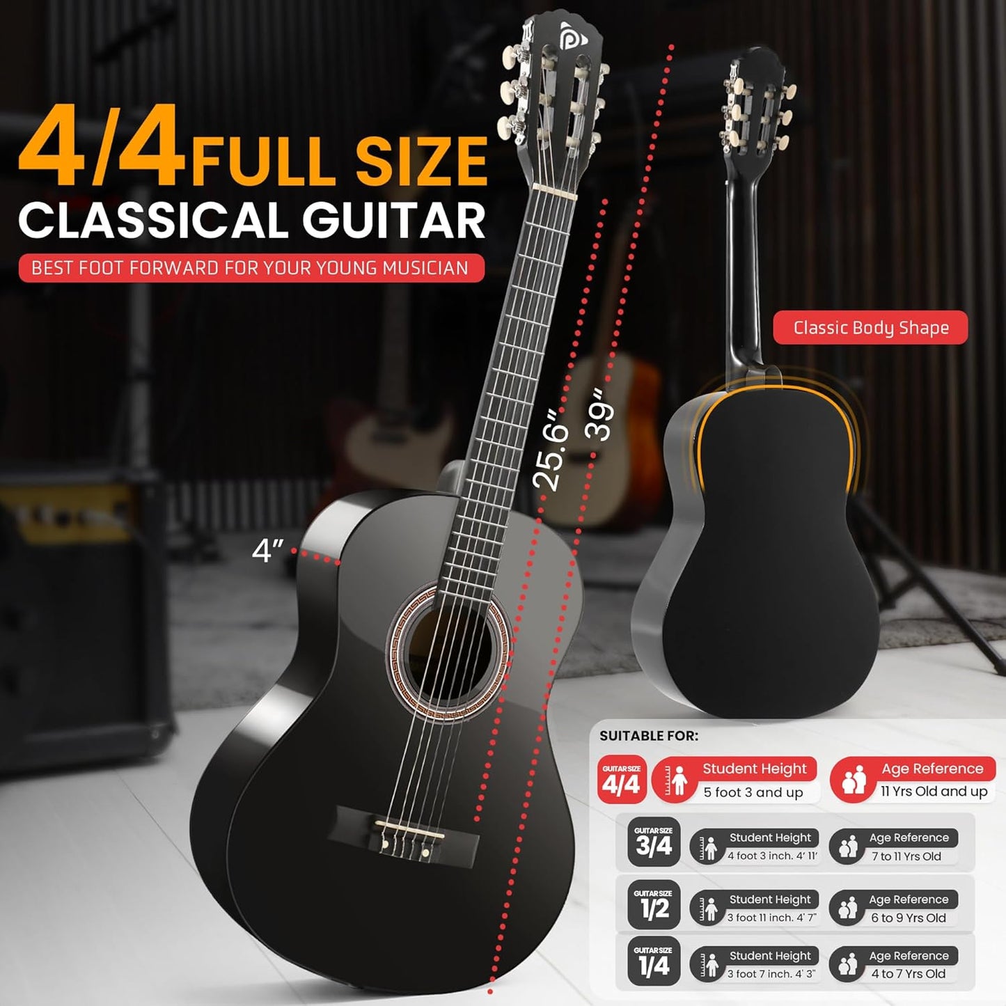 Pyle Beginner Acoustic Guitar Kit, 4/4 Full Size All Wood Build Nylon String Instrument with Capo, Strap, Extra String Set, Gig Bag, Guitars for Beginners Adults Youth, 39" Black Gloss