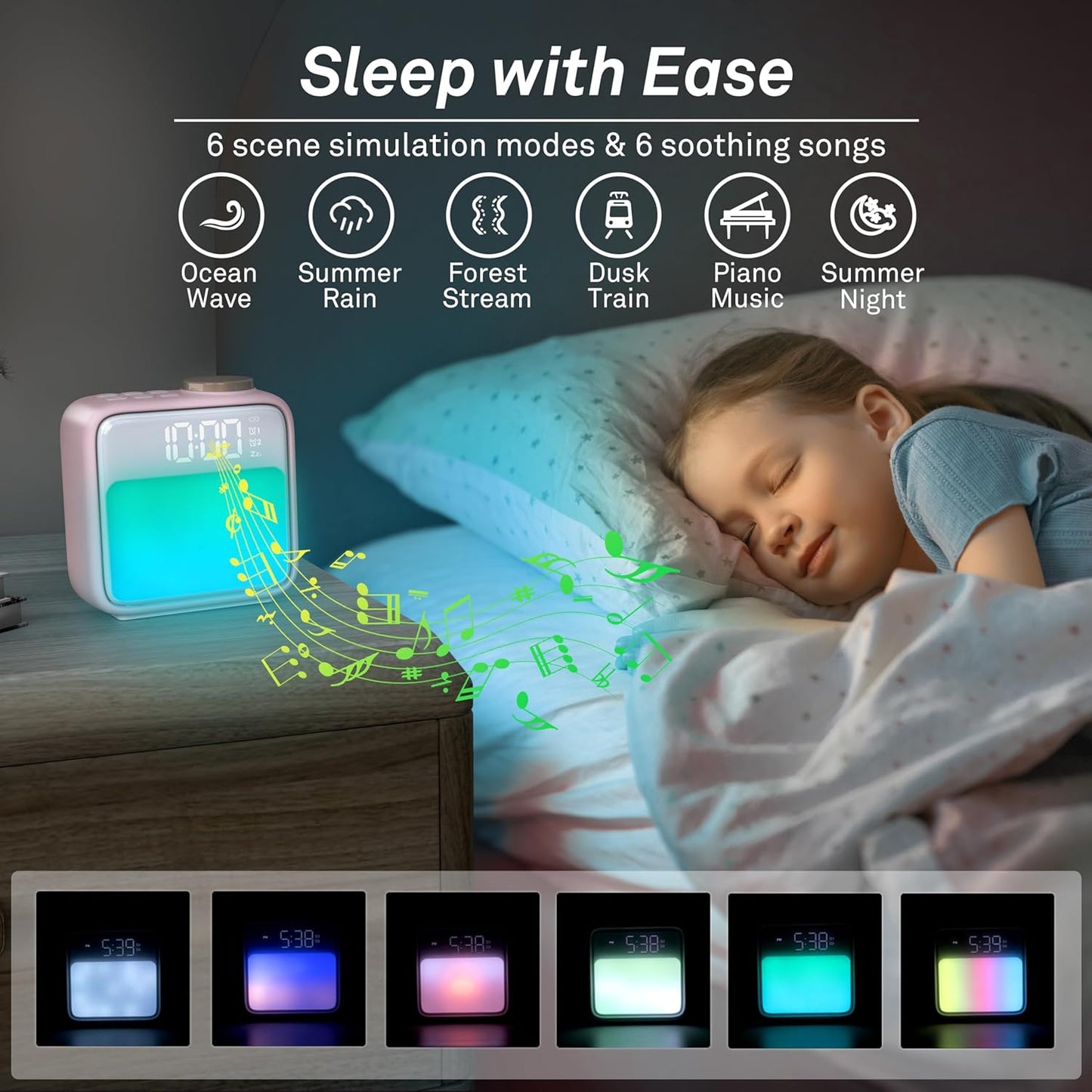 AIRIVO Alarm Clock Night Lights, Rechargeable Alarm Clock for Bedrooms, 6 Scenes & White Noise Sync, Dual Alarms & Snooze, for Heavy Sleepers, Gifts for Kids Teens (Pink)