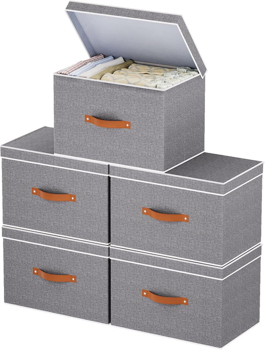 Collapsible Storage Bins with Lids, Linen Foldable Cloth Baskets, 17.7 x 11.8 x 11.8 Inch Closet Organizer Containers with Double Handles, Sweater Boxes for Bedroom, Grey, 5 Pack