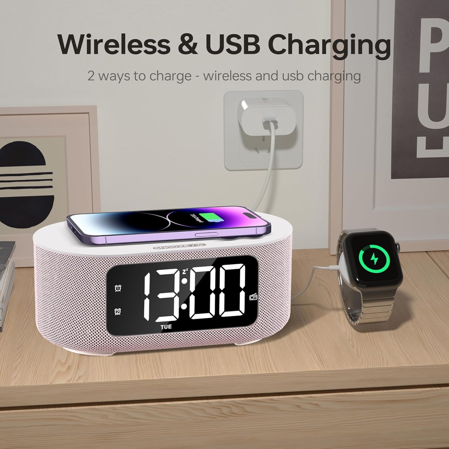 JALL Fabric Alarm Clock for Bedroom, with Big Led Screen Display, Bluetooth Stereo Sound Speaker, FM Radio, Fast Wireless Charging, USB Charging Port, Nightlight, White Noise, Ideal for Gift, Pink