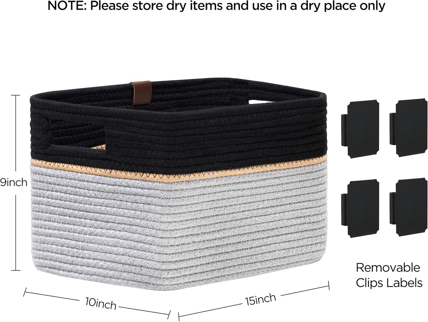 UBBCARE 4 Pack Baskets for Organizing, Woven Storage Baskets with Label for Toys and Towel, Rectangle Cotton Rope Basket with Handles, 15''L x10''W x9''H, Black&Grey