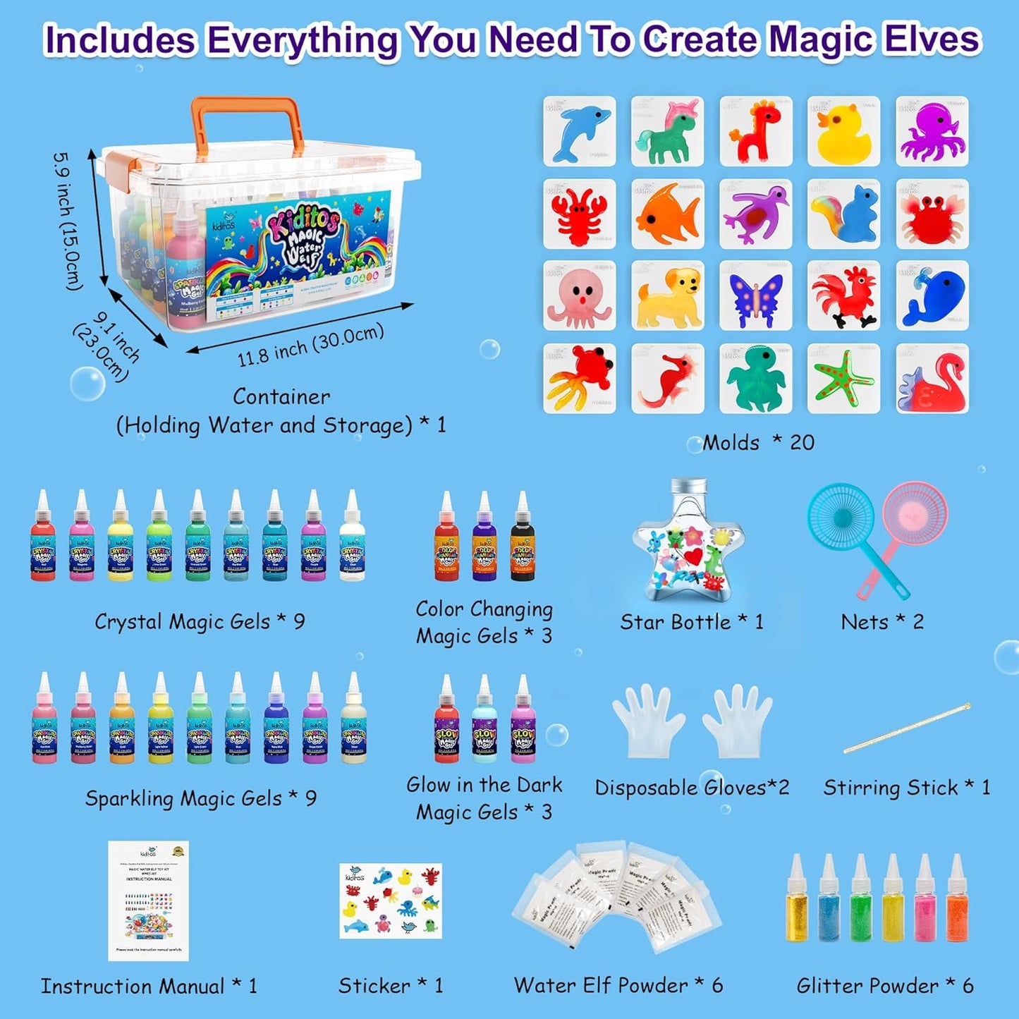 Kiditos Magic Water Elf Toy Kit–Squishies for Kids, 24 Gels+6 Glitter Powders&20 Molds, Magic Gel Water Pets Sensory Toy, Fun DIY Craft Kit, Party Favors, Birthday & Christmas Gifts for Kids Ages 3+