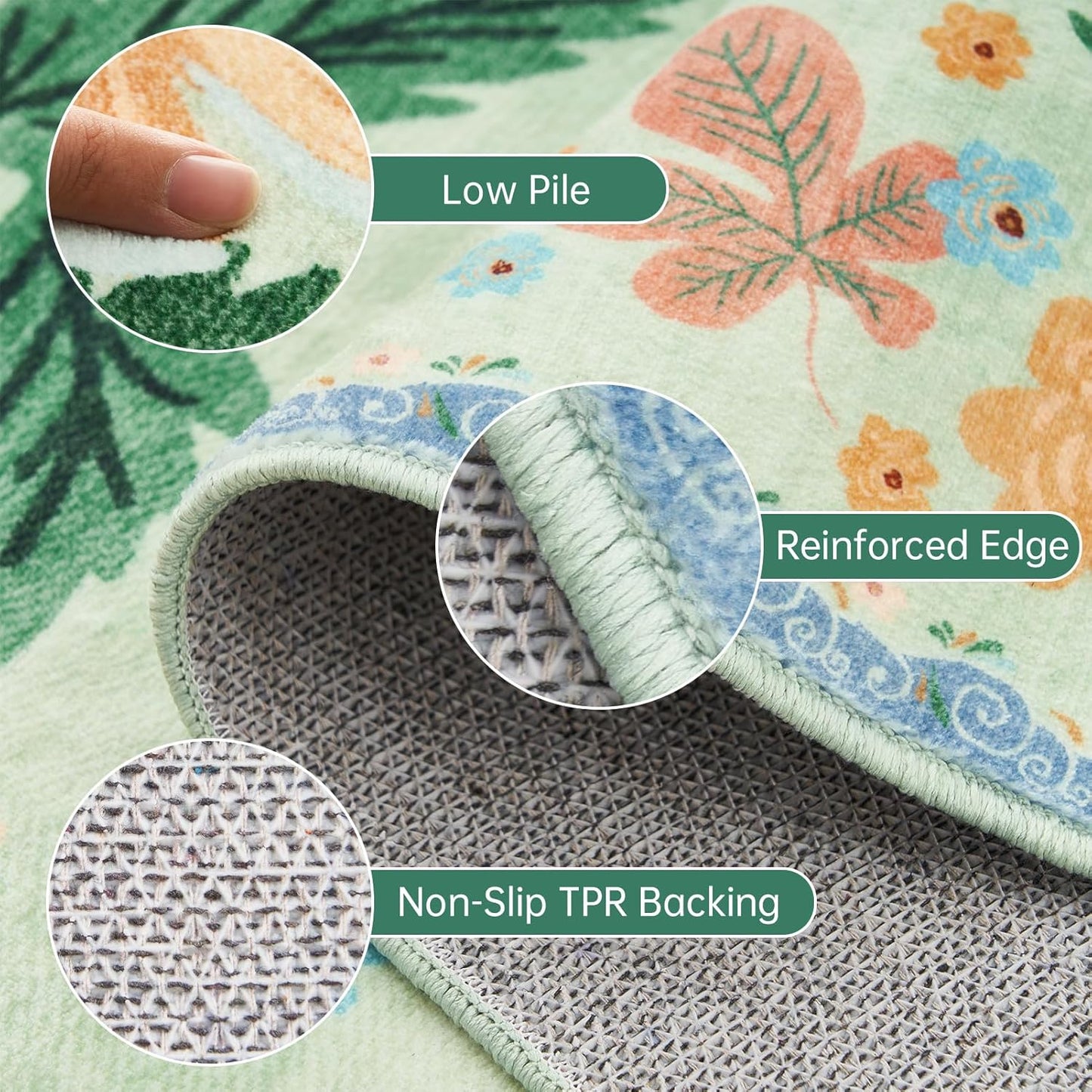 6x9 Area Rugs for Living Room Machine Washable Non Alip Ultra-Thin Spring Garden Area Carpet Soft Boho Vintage Floral Print Sage Green Accent Rugs for Bedroom Family Room Nursery Kids Playroom