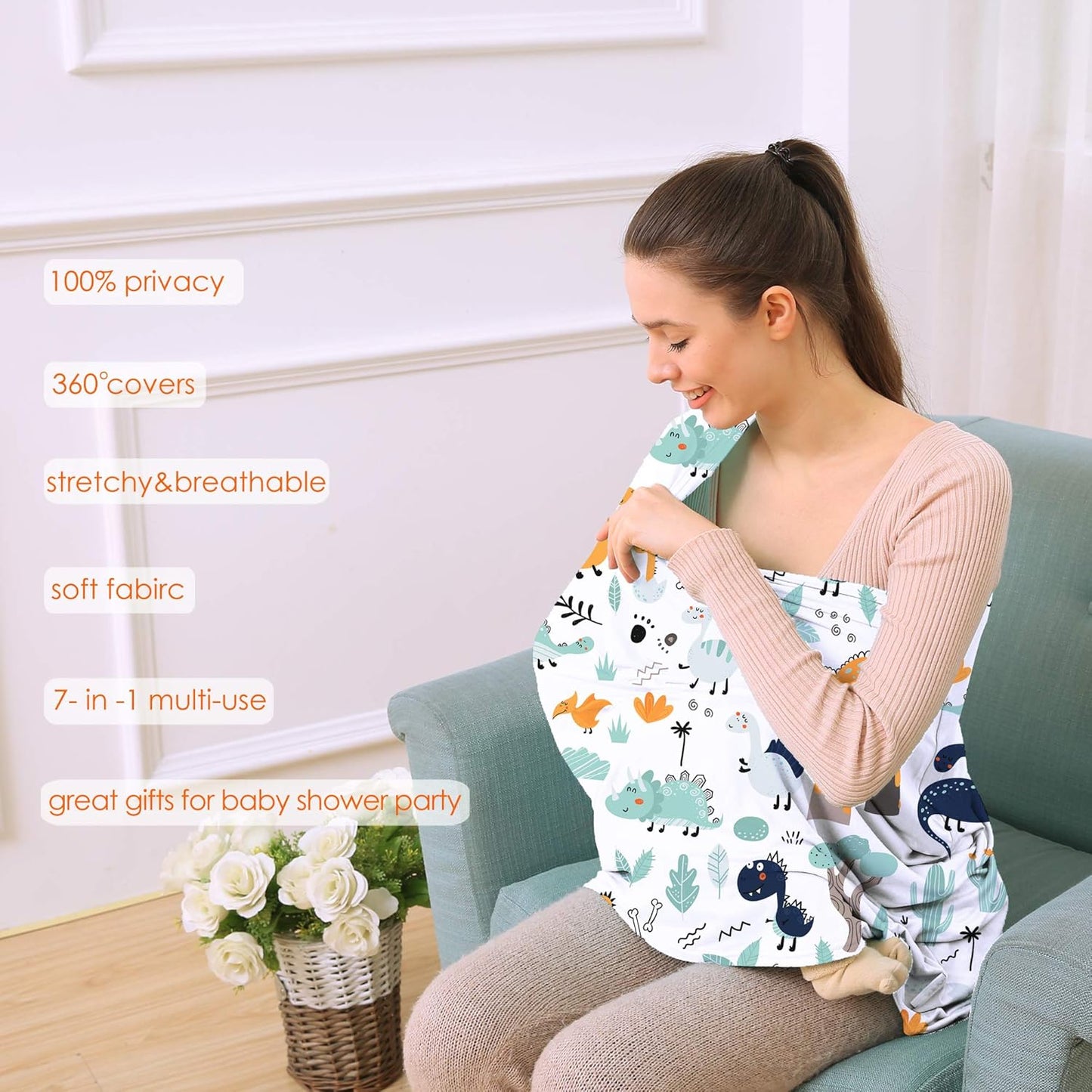 Multi-use Carseat Canopy Cover - Breathable Breastfeeding Covers, Car Seat Covers for Babies, Stroller Canopy Cover (Cute Dinosaur)