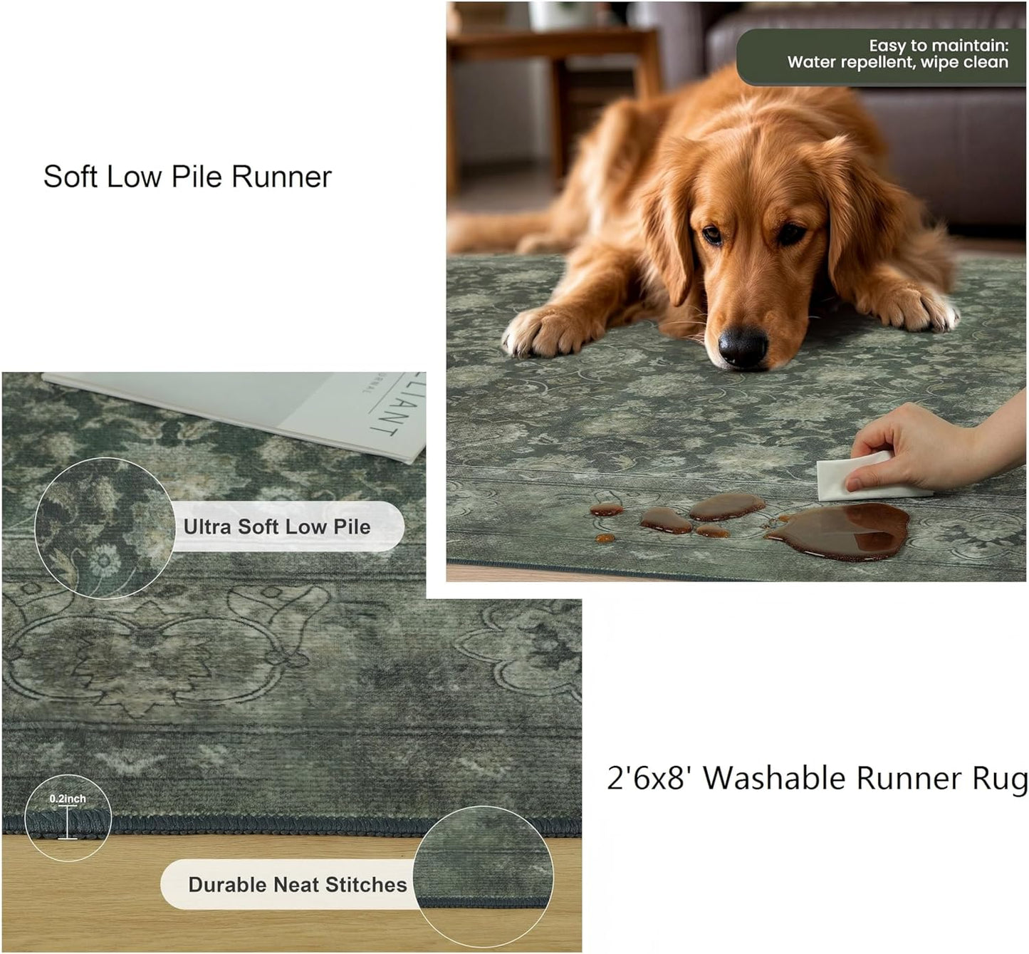 2'6x8' Washable Runner Rug for Hallway, Non Slip Vintage Floral Long Carpet Runners for Entryway, Kitchen, Bathroom, Bedroom, Low Pile Laundry Rugs Rubber Backing (Distressed Green)