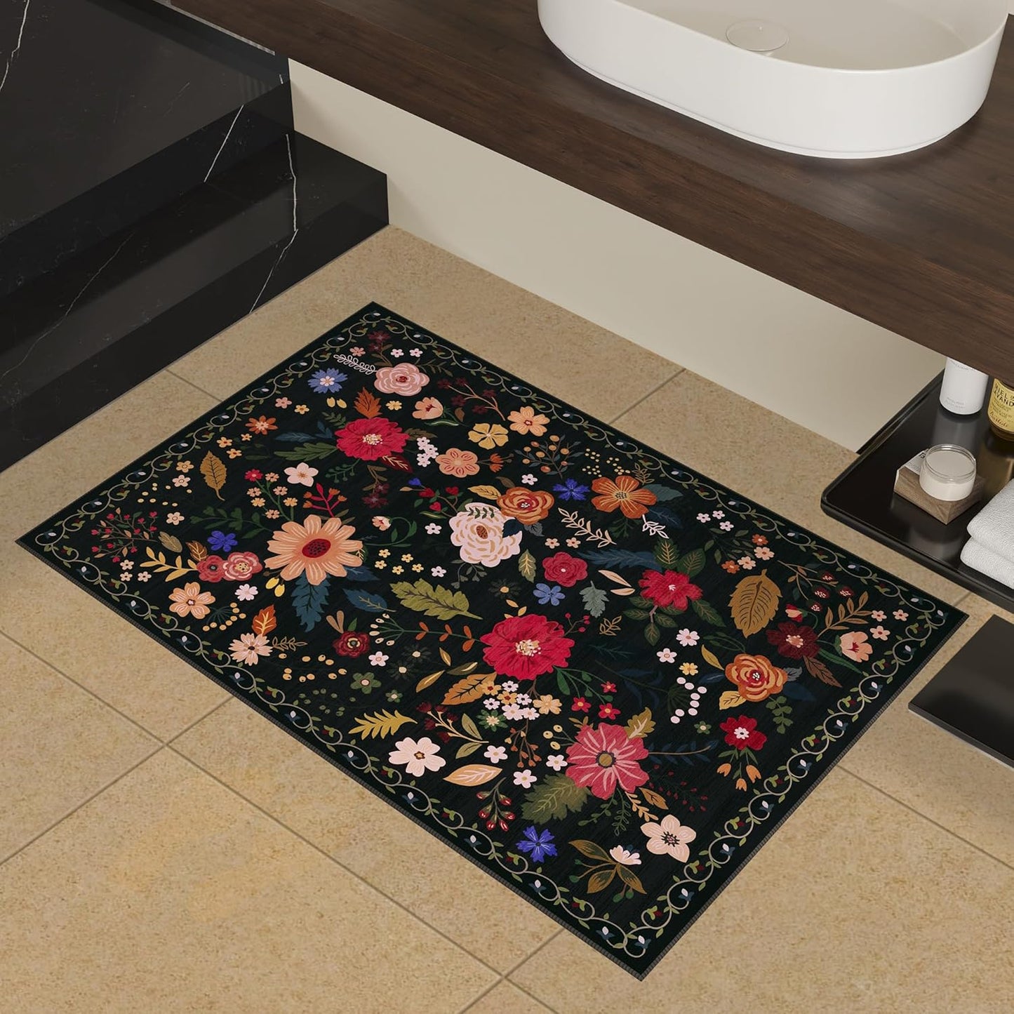 2x3 Washable Rug for Entryway, Floral Soft Small Area Rug, Non Slip Doormat Indoor Entrance Carpet, Flower Low Pile Front Door Throw Rug for Bedroom, Kitchen, Laundry, Bathroom, Black