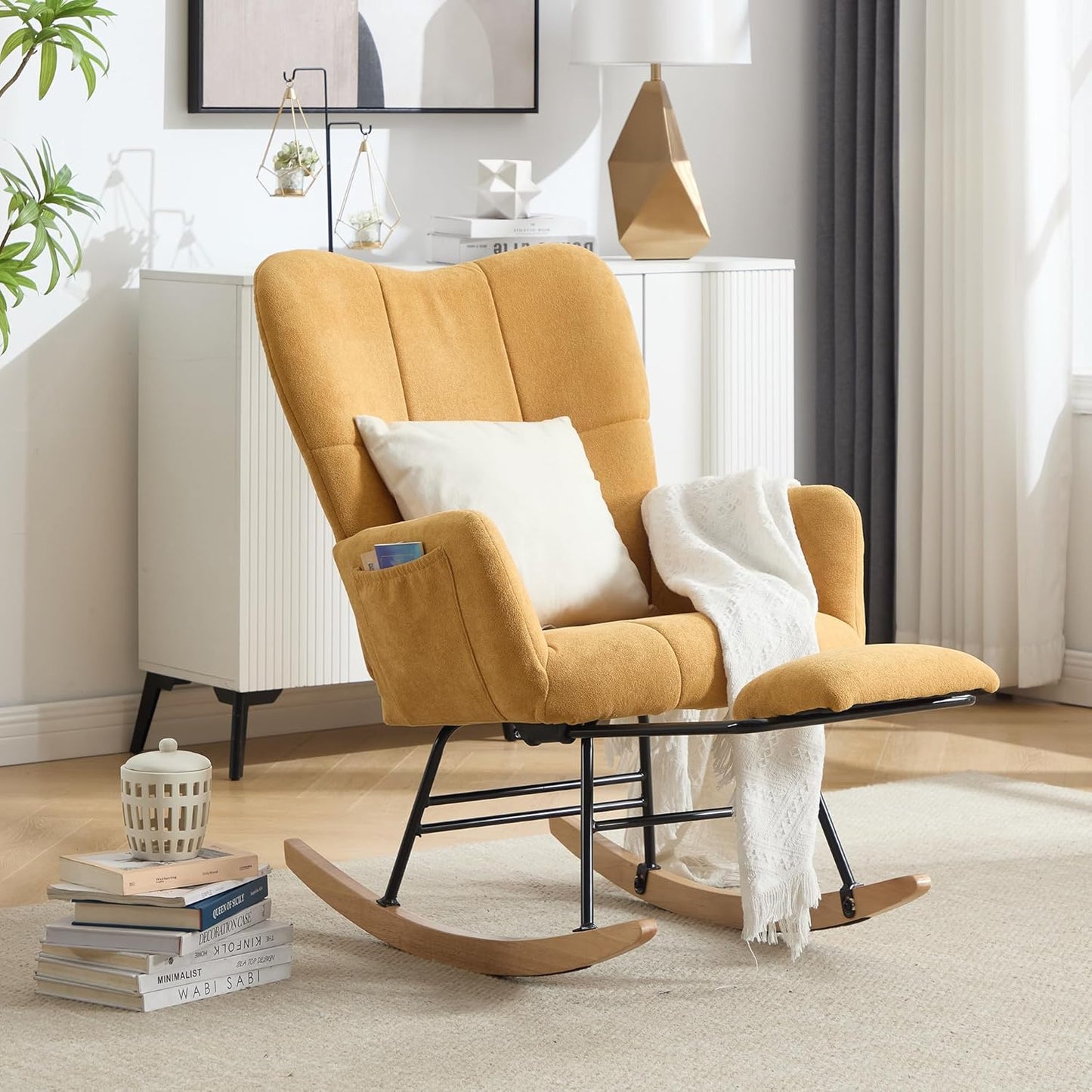 KEEZY Rocking Chair Nursery,Upholstered Glider Chair Padded Seat with High Backrest,Reading Chair,Armchair Comfy Side Chair for Living Room Bedroom Offices (Yellow)