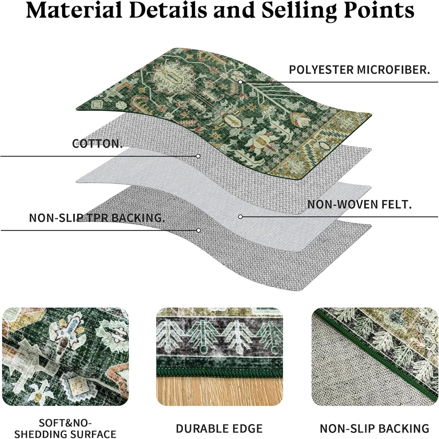 9x12 Area Rug Washable: Oriental Soft Area Rug for Living Room Bedroom No Shedding - Low Pile Thin Carpet Rug for Dining Room Non Slip - Boho Vintage Rug for Home Decor - Retro Forest Green