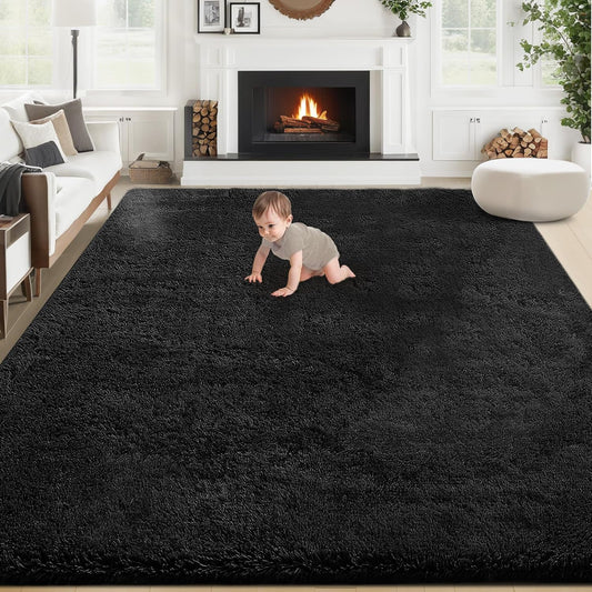 8x10 Area Rug for Living Room: Fluffy Shag Soft Washable Rugs Large Fuzzy Plush Indoor Carpet for Bedroom Nursery Playroom Kids Girls Boys Room (Black, 8'x10')