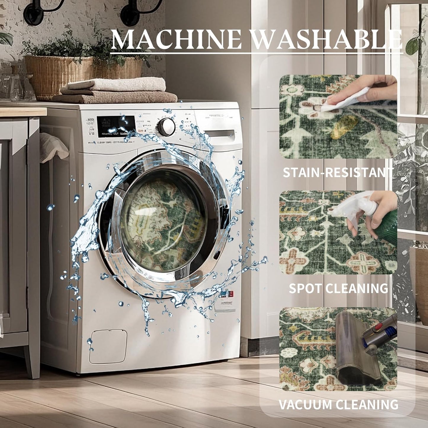 5x8 Area Rug Washable: Oriental Soft Area Rug for Living Room Bedroom No Shedding - Low Pile Thin Carpet Rug for Dining Room Non Slip - Boho Vintage Rug for Home Decor - Retro Forest Green