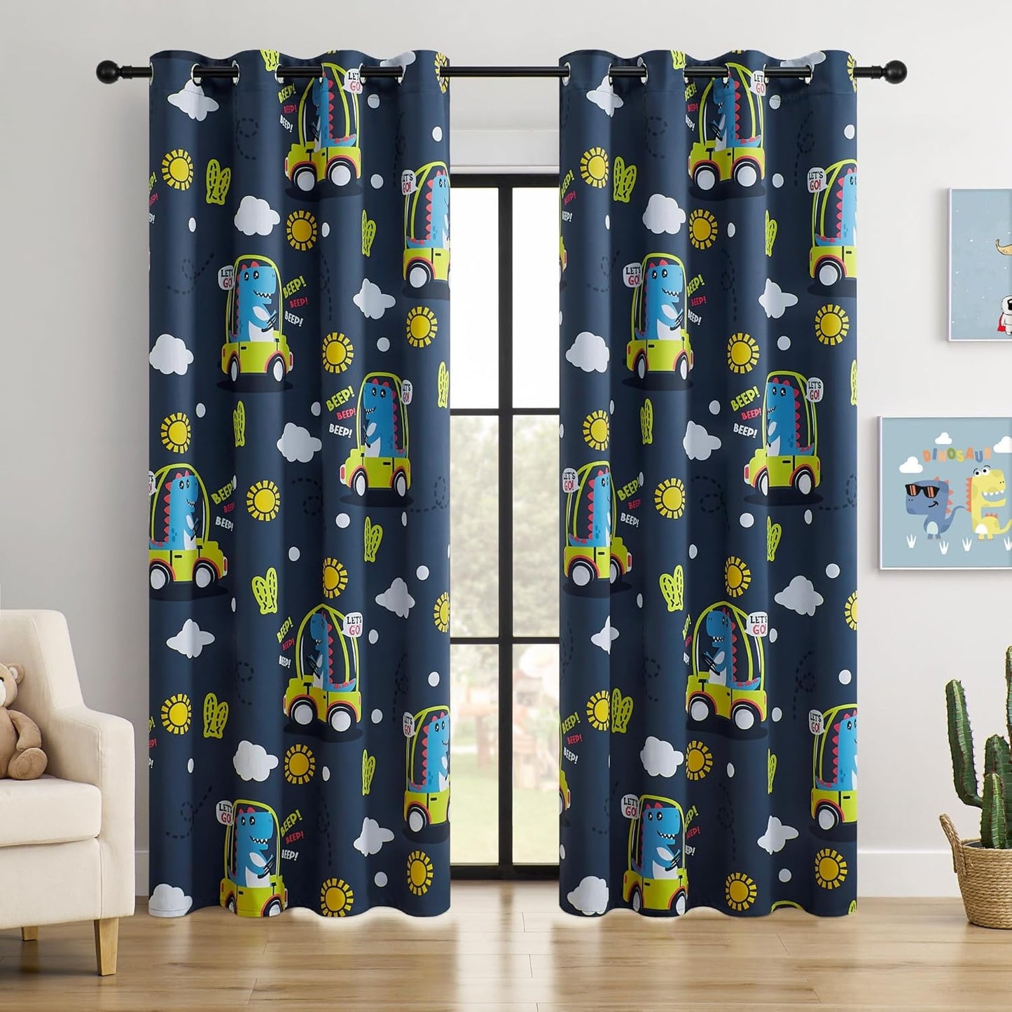 Kids Dinosaur Blackout Curtains - 2 Panels, Each W52*L84 with 100% Blackout, Thermal Insulated, and Noise Reducing, Perfect for Kids Room, Bedroom, Nursery