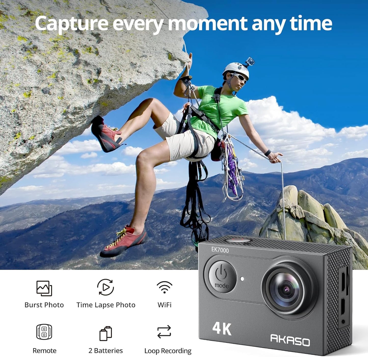 AKASO EK7000 4K30fps Action Camera with 64GB MicroSDXC U3 Memory Card 131ft Waterproof Camera with EIS 4X Zoom Remote Control Ultra HD 20MP Underwater Camera with Accessories Kit