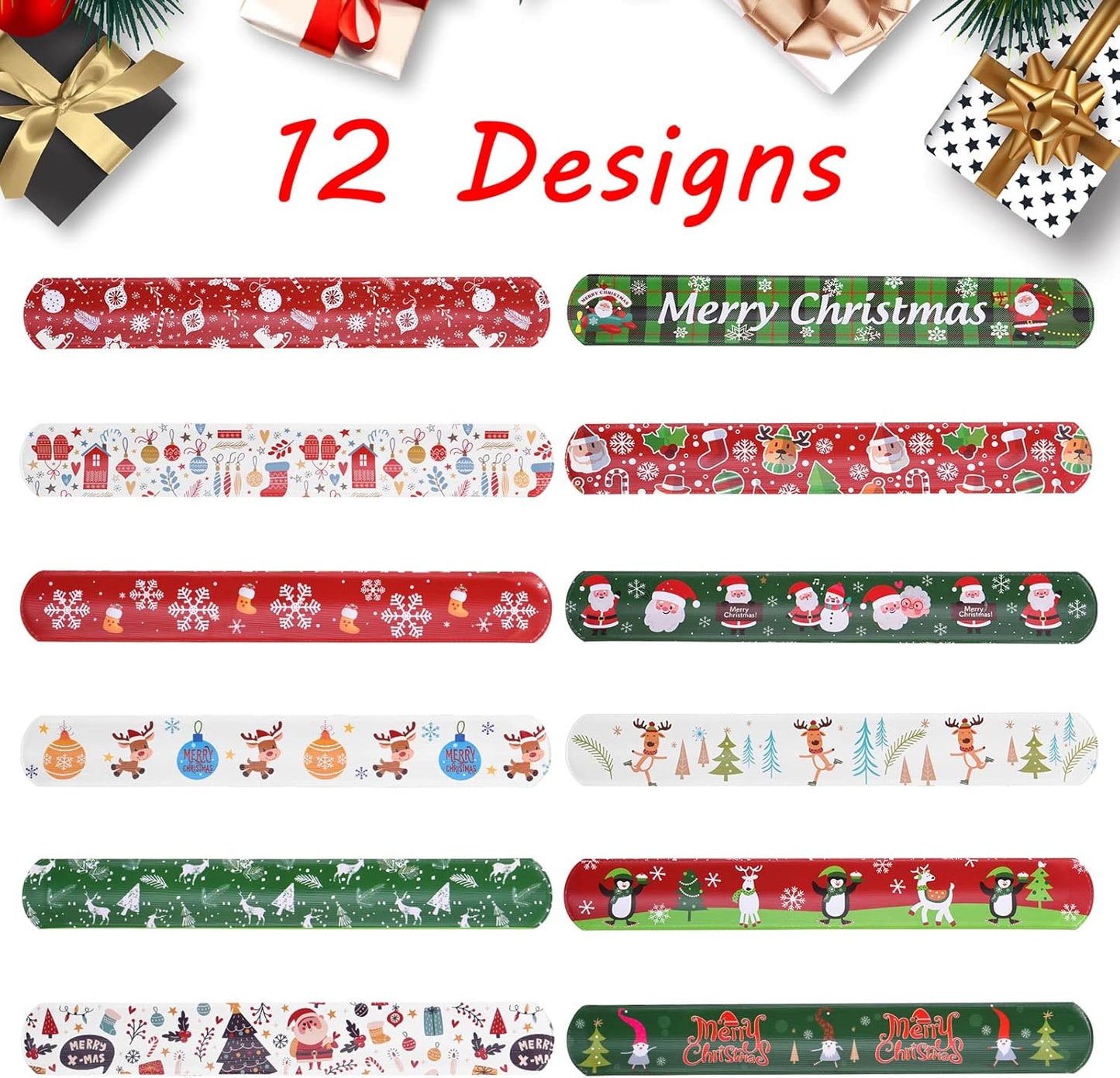 48PCS Christmas Slap Bracelets Slap Xmas Snap Bracelet Party Favors Toys Slap Bands Assorted Christmas Theme Pattern for Christmas Party Favors