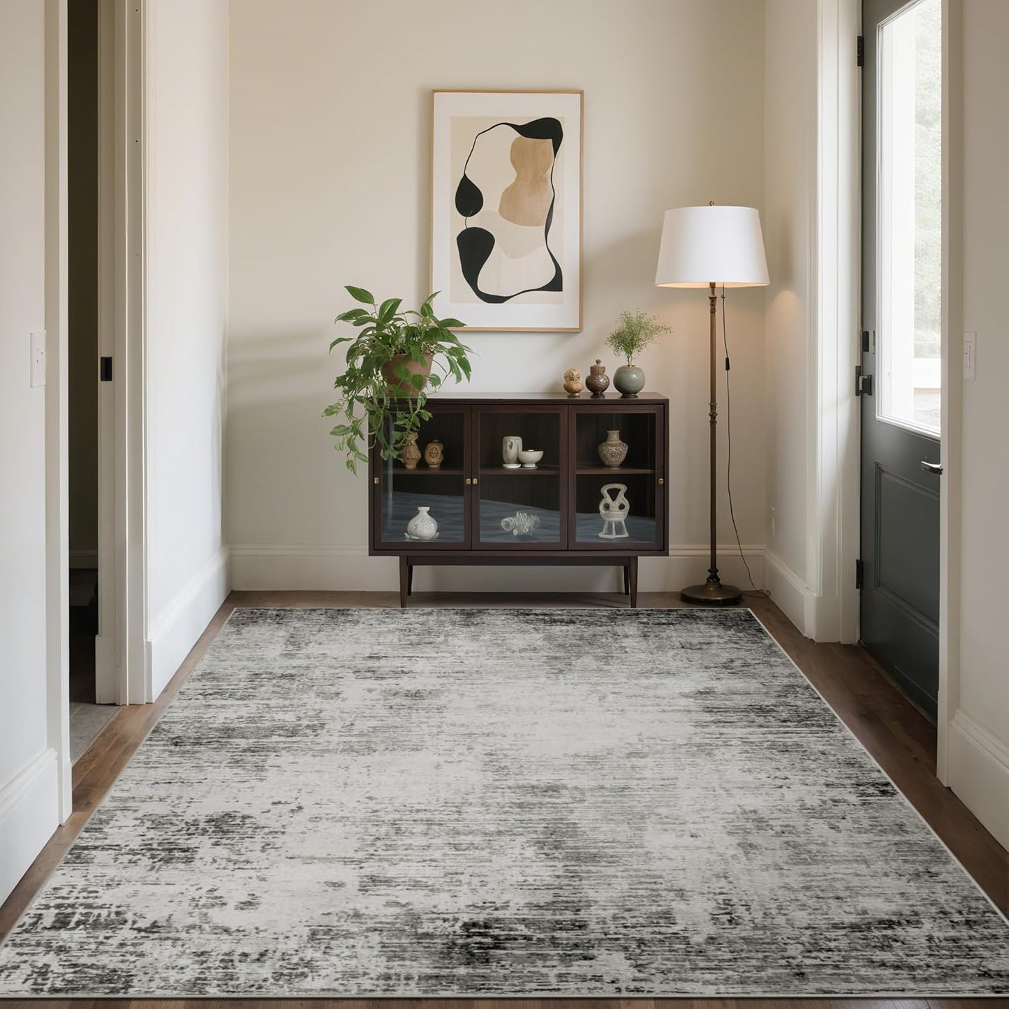 Area Rug 9x12 Washable Rugs: Abstract Large Living Room Rugs with Non-Slip Backing, Stain Resistant Indoor Floor Carpet for Bedroom Dining Room Table Nursery Hallway Home Office-Black/Gray