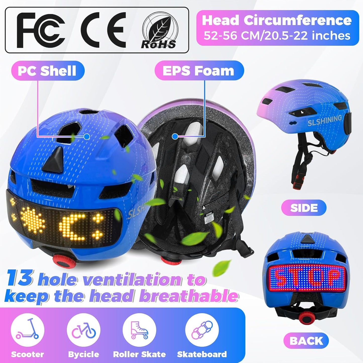 Kids Bike Helmet Toddler Helmet for Boys Girls Youth Kids with LED Lights Bicycle Helmets with Protective Gear Set Knee Elbow Wrist Pads for Cycling Skateboard Scooter Skating (Fits 20.5-22in)