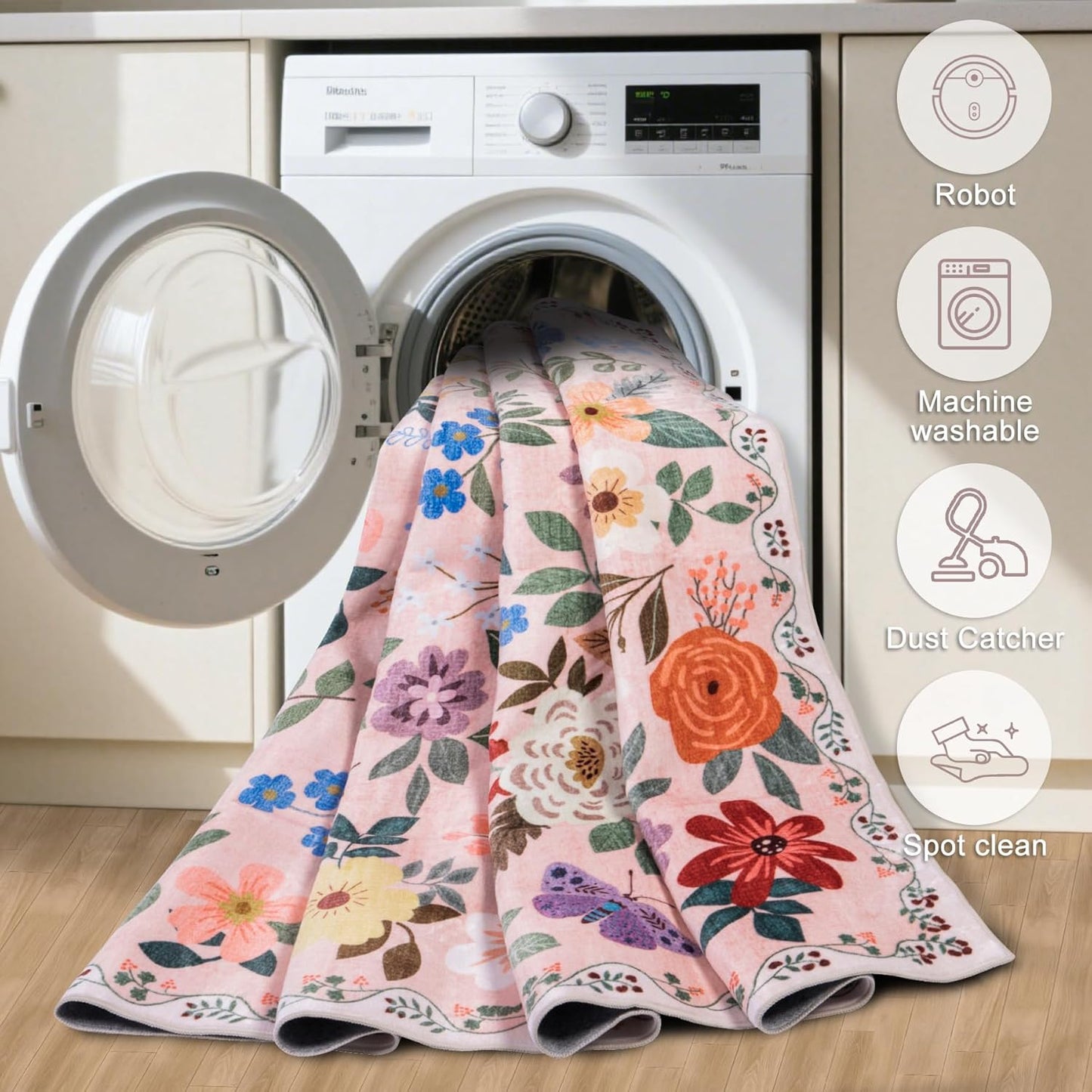 10x12 Area Rugs for Living Room: Floral Washable Rug Vintage Large Soft Boho Non-Slip Carpet Stain Resistant Low Pile Carpets for Bedroom Dining Room Farmhouse Nursery Hallway Home Office Beige