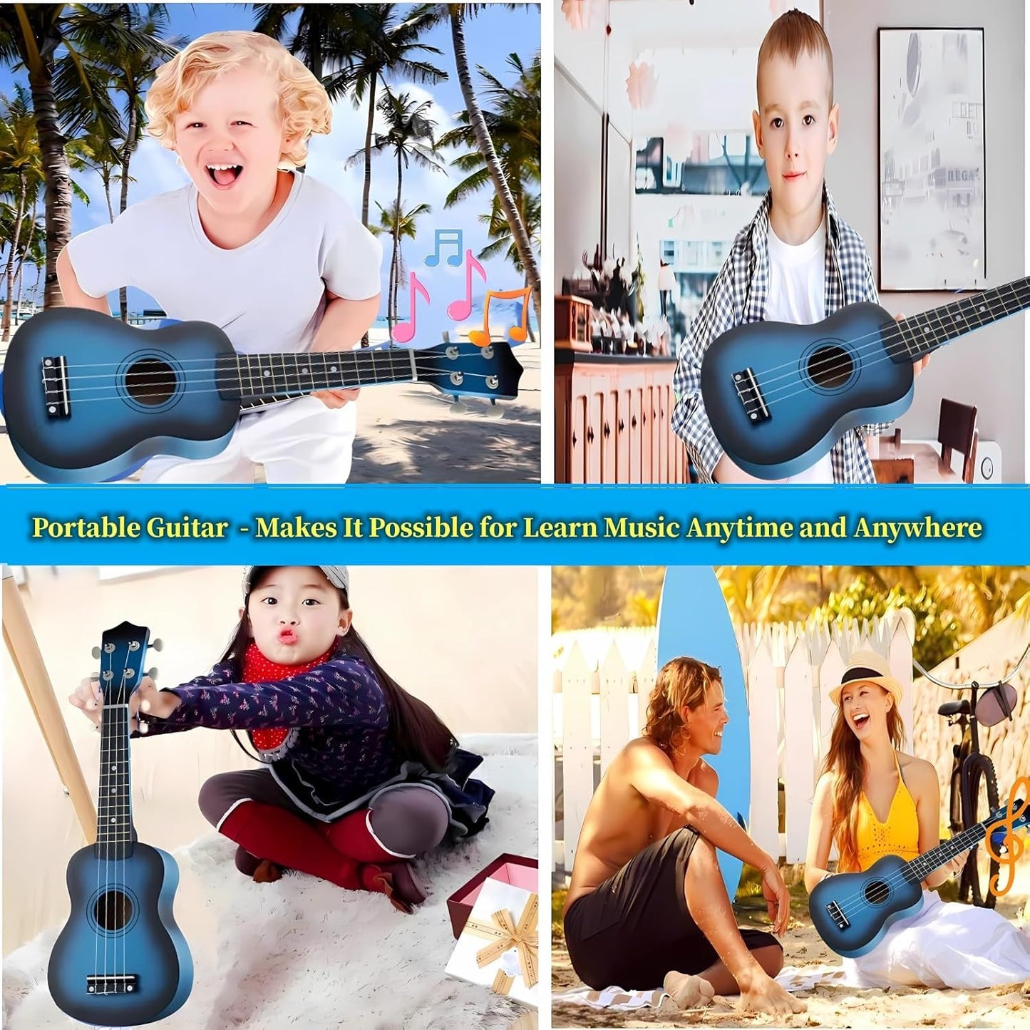 Kids Child Children Wooden Acoustic Guitar Ukulele 21 Inch 4 String Musical Instruments Perfect For Beginner (Blue)