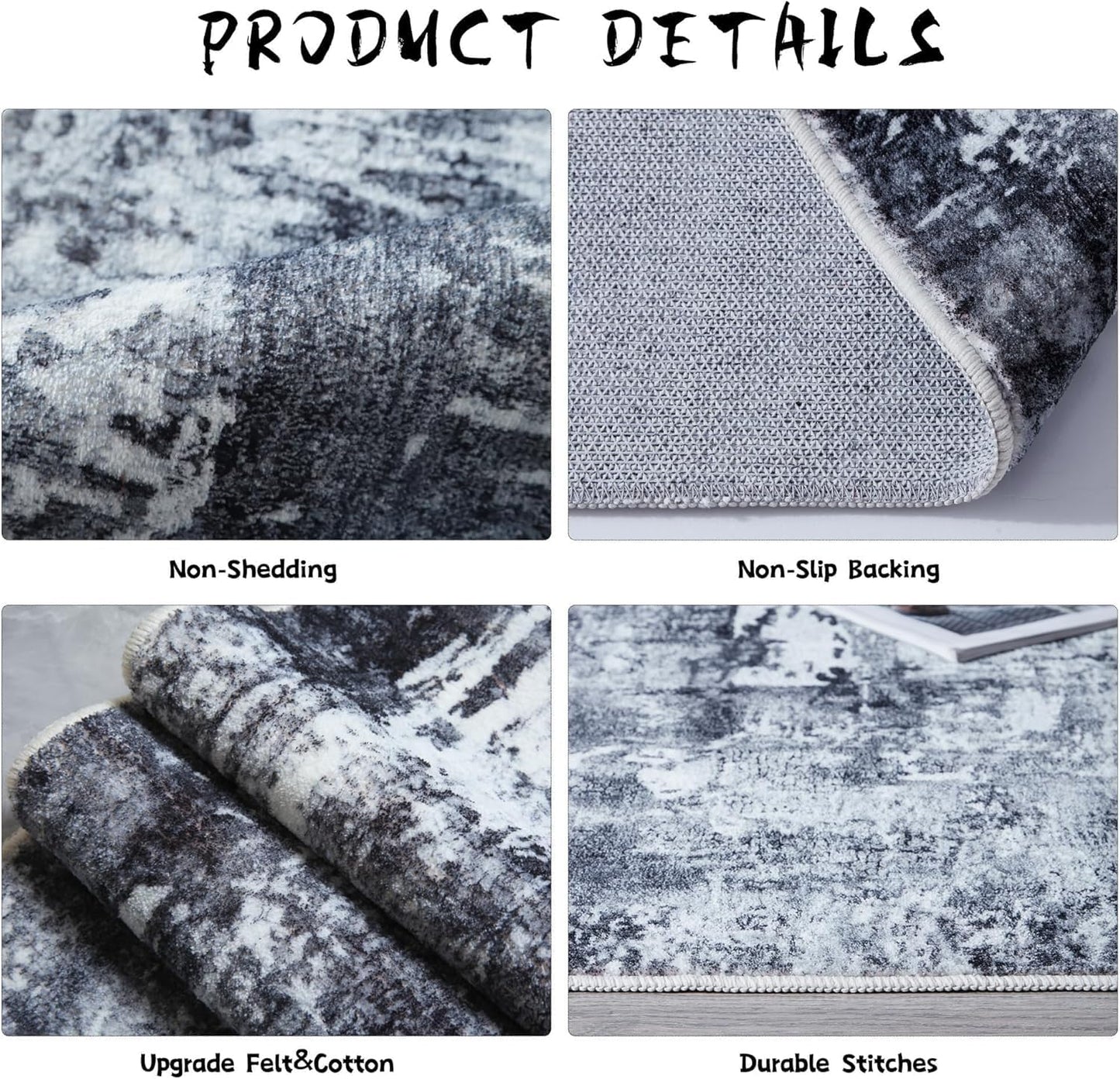 9x12 Rug Washable Boho Rug Soft Large Area Rug Non-Slip Non-Shedding Faux Wool Vintage Rug for Living Room, Farmhouse, Dining Room, Indoor, Kids Playroom, Grey and Black