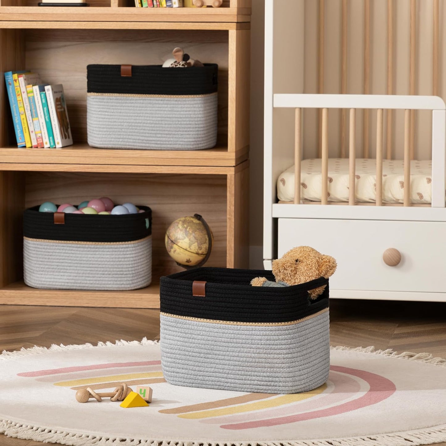 UBBCARE 4 Pack Baskets for Organizing, Woven Storage Baskets with Label for Toys and Towel, Rectangle Cotton Rope Basket with Handles, 15''L x10''W x9''H, Black&Grey