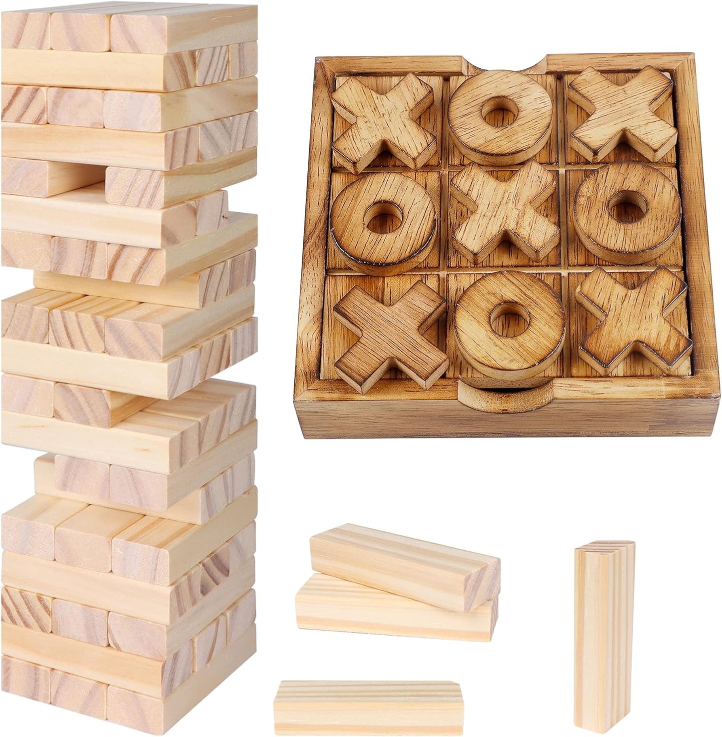 Glintoper Tic Tac Toe & Tumble Tower Blocks Tables Game Set, Classic Wood Stacking Game & XOXO Board Games for Kids Family, Living Room Rustic Coffee Table Decor, Travel Strategy Board Games
