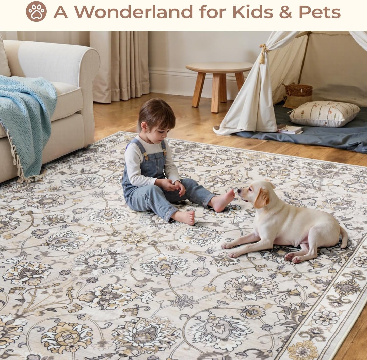 9x12 Neutral Area Rug for Living Room, Washable Large Rugs, Vintage Floral Soft Carpet, Non Slip & Low Pile, Wool Carpets for Indoor Bedroom Dining Home Playroom Office Under Table, Beige