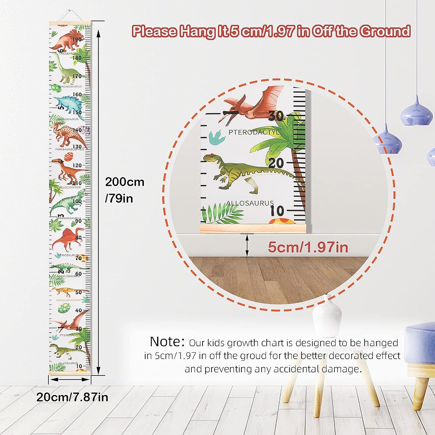 Kids Dinosaur Growth Chart Height Measuring Chart, Canvas Wall Hanging Rulers for Baby Children Kids Boys Bedroom Decor