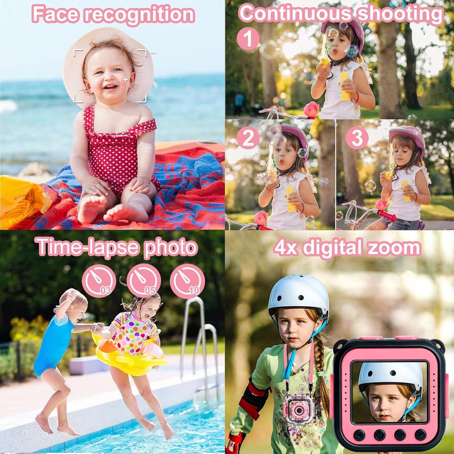 PROGRACE Kids Camera Waterproof- Children Digital Video Cameras Underwater Camera Chrismas Birthday Gift Toy for Kids 1080P DV Toddler Cameras for Girls Pool Toys Age 3-12