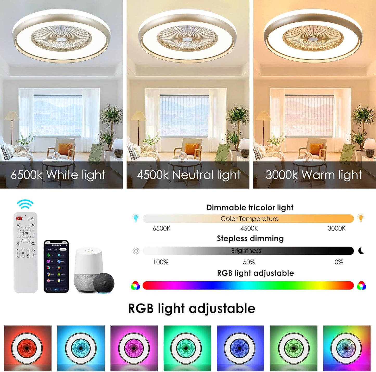24" Bladeless Ceiling Fan with RGB Light Remote, Smart LED Ceiling Fans with Voice/App Control, Modern Low Profile Dimmable Light Ceiling Fan for Bedroom Living Room