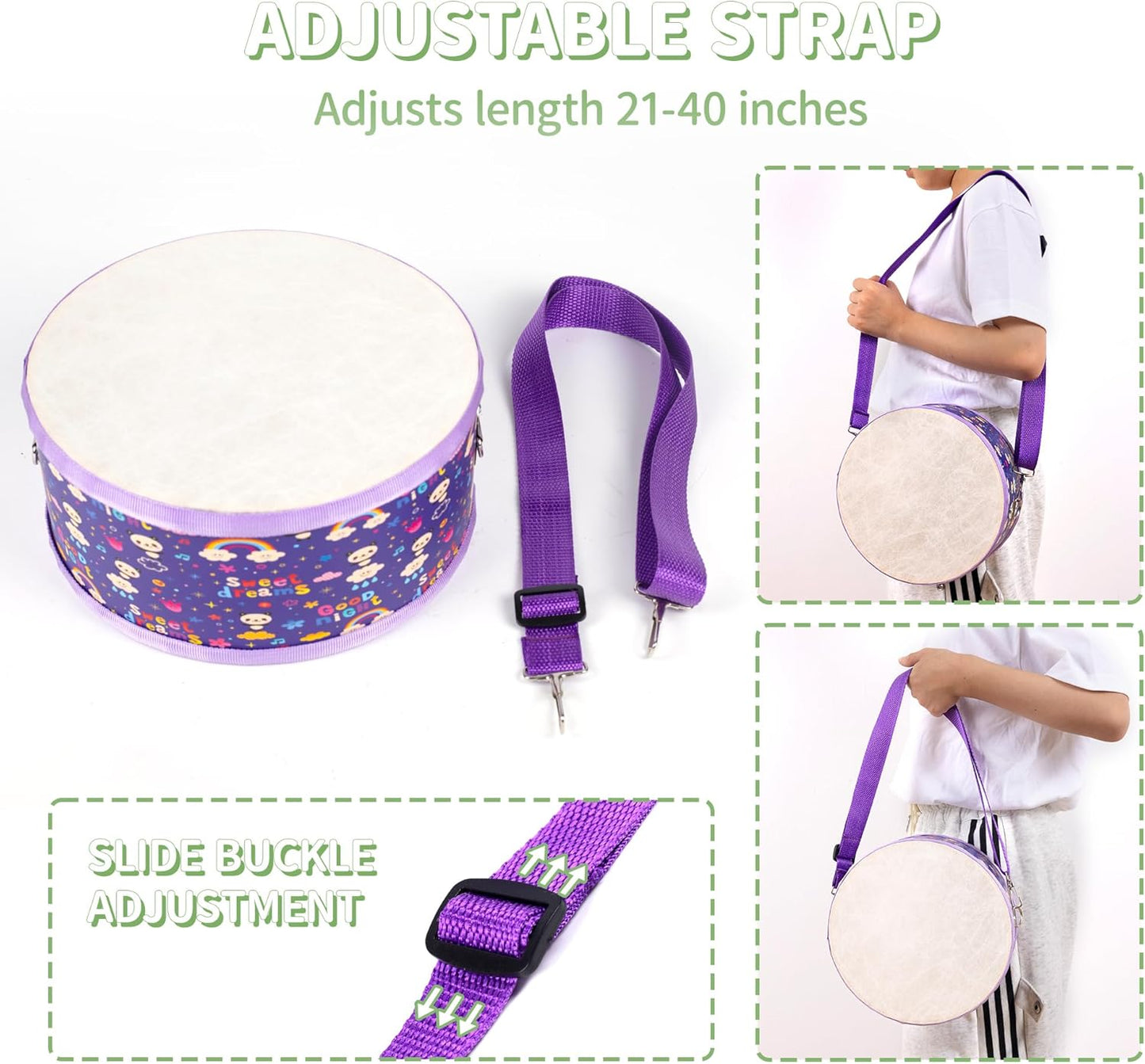 Kids Drum Set with Adjustable Strap: Toddler Musical Instrument for Ages 3-5, Wearable Drum Kit with Drumsticks, Educational Percussion Toy for Rhythm Music Development (Purple)