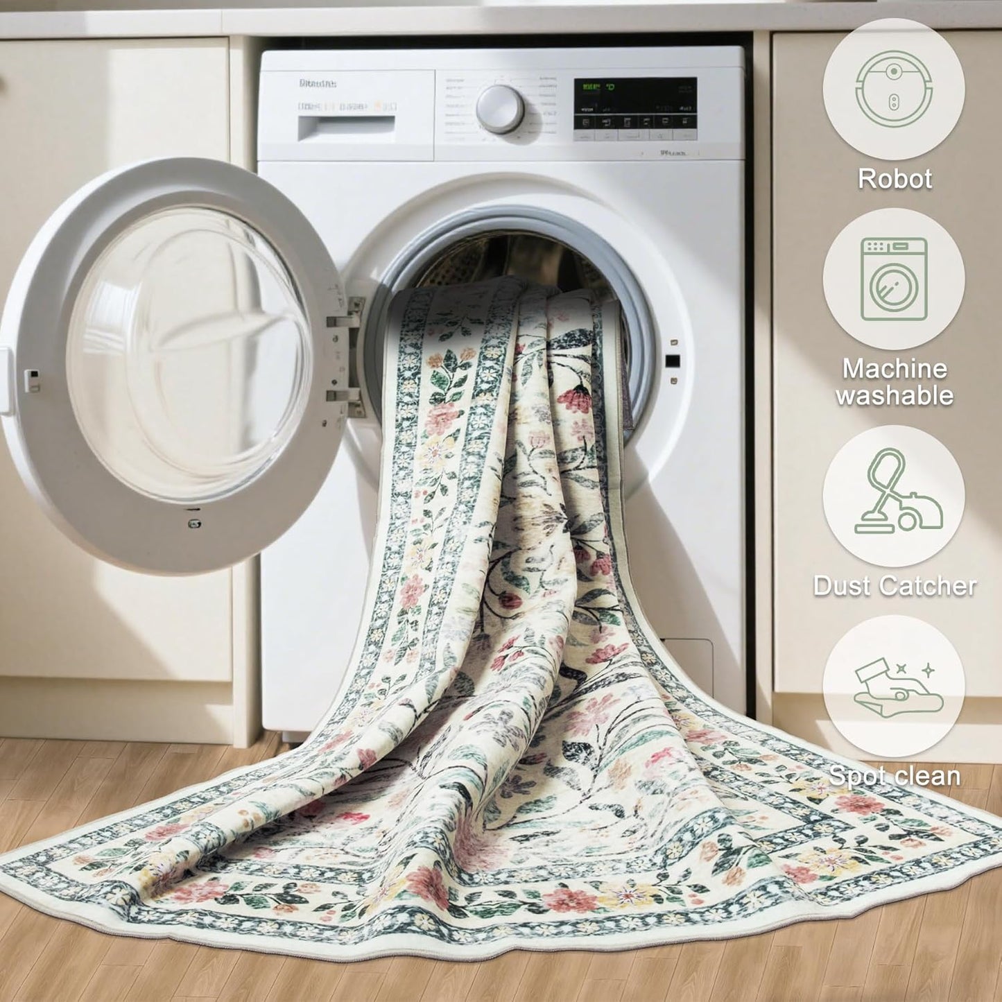 6x9 Area Rugs for Living Room: Floral Washable Rug Vintage Large Soft Boho Non-Slip Carpet Indoor Stain Resistant Thin Carpets for Bedroom Dining Room Farmhouse Nursery Hallway Home Office Green Beige