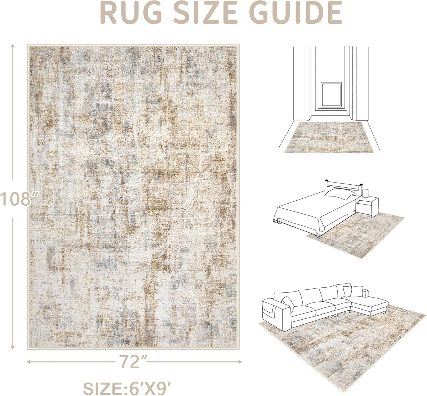 Area Rugs 6x9 Living Room: Washable Rug Modern Abstract Large Rugs Soft Non Slip Neutral Rug Stain Resistant Indoor Carpet for Bedroom Kitchen Dining Room Nursery Home Office Rugs(Blue Brown,6'x9')