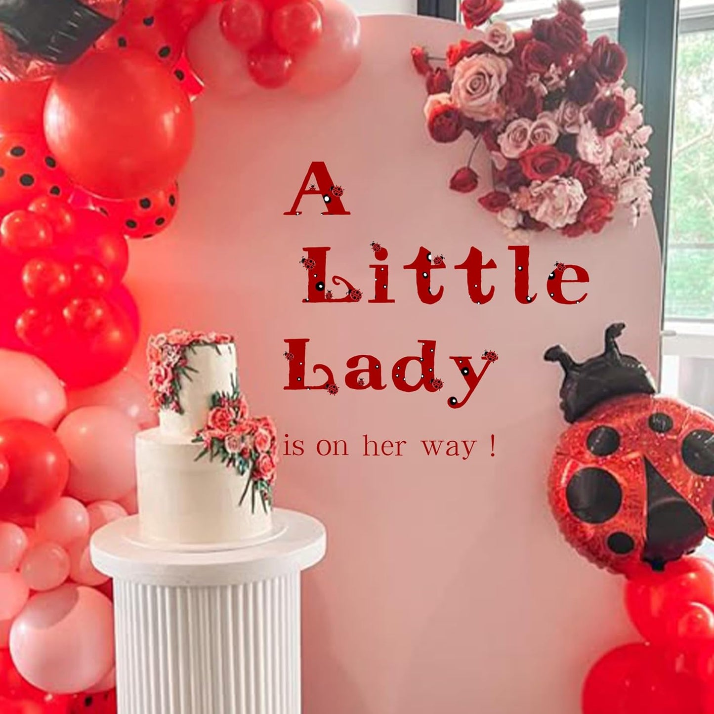 A Little Lady Is On Her Way Decal - Ladybug Party Decorations Supplies Wall Stickers, Girls Birthday/Baby Shower Party Decor Wall Decals, Balloon Arch Backdrop Decoration Ladybug Sign Stickers