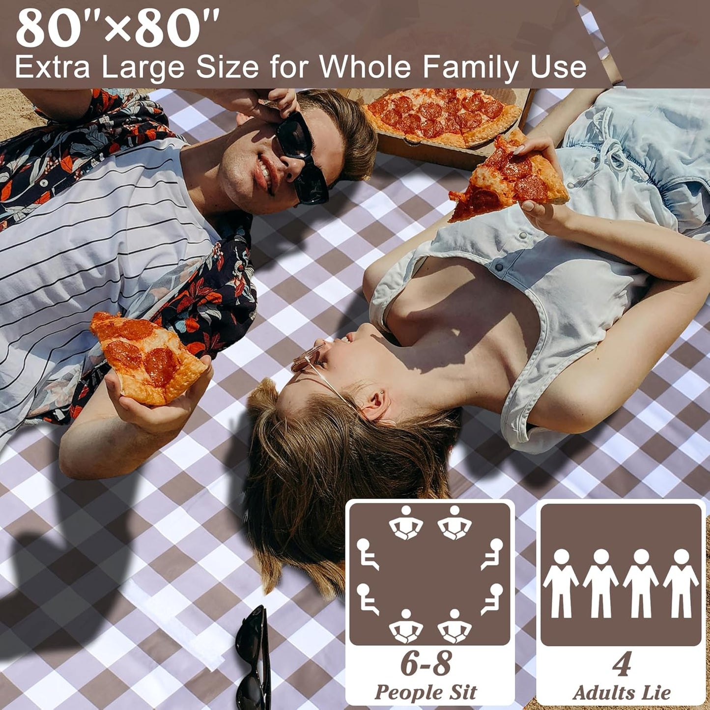 80"x80" Extra Large Waterproof Outdoor Mat - Sandproof Foldable Picnic Blanket for Family Camping, Backyard, Beach Parties - Heavy Duty & Easy Storage (Dark Brown)