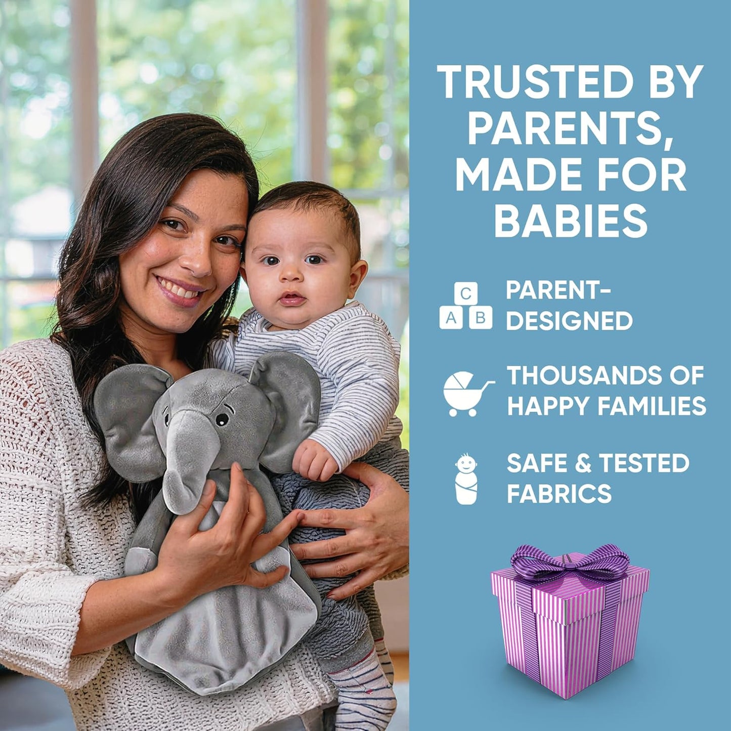 Love By Emi Baby Music Lovey Grey Elephant, Baby Sleep Soother for Crib & Cuddle Bedtime, White Noise with a Heartbeat & Lullaby, Plush Sound Toy, Stuffed Animal for Newborns, Infants & Toddlers