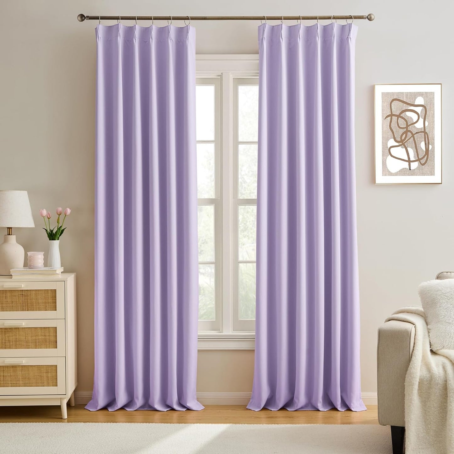 KEQIAOSUOCAI Pinch Pleated Curtains 108 Inches Long, Energy Saving Window Treatment Privacy Drapery for Living Room, Vertical Track System Elegant Hook Panels(Lavender, 2 Pieces, W40 x L108)