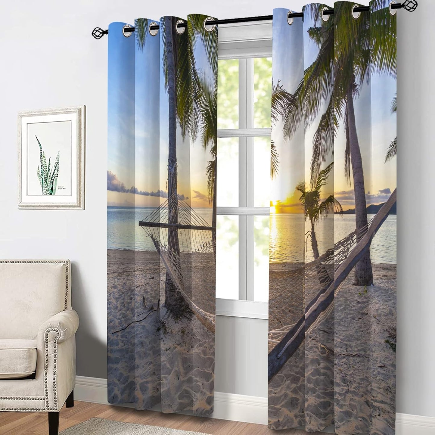Aimego Ocean Beach Blackout Curtains Summer Tropical Palm Tree Seaside Sunset Drapes Decor for Bedroom Living Room Window Treatment Grommet Top Room Darkening Curtains 2 Panel Set, 52"X84"