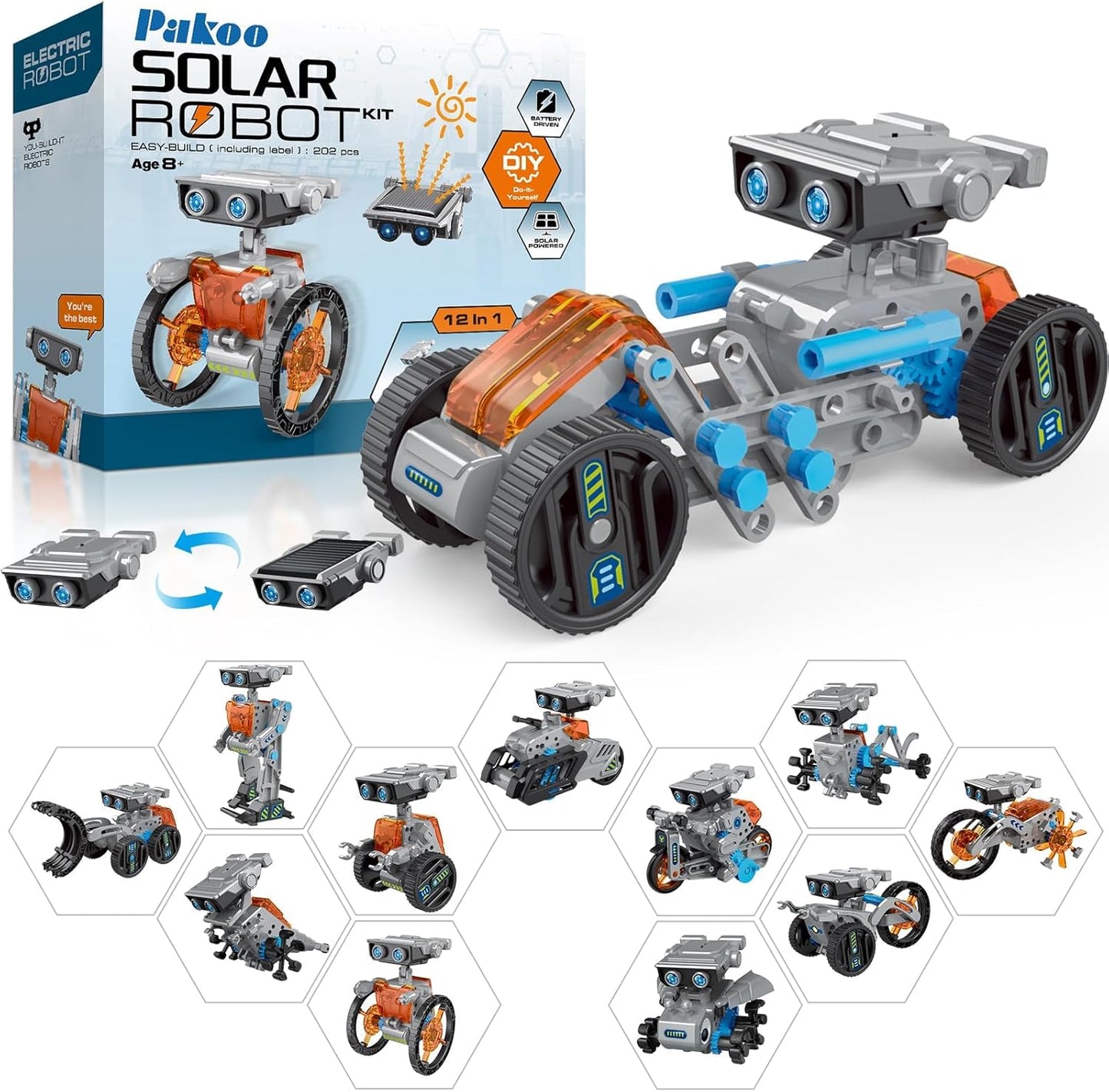 12-in-1 Solar Robot Kit for Kids 8-12, STEM Educational Building Toys with Solar Panel & Battery Power, DIY Science Experiment, Easter Birthday Gifts for Boys Girls 8 9 10 11 12 Years Old-Grey