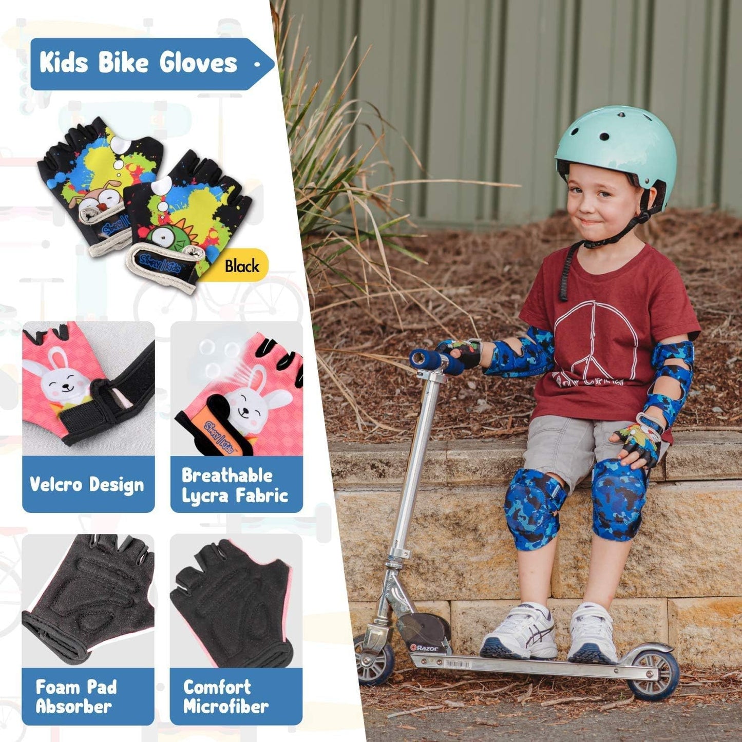 Soft-Style Kids Knee and Elbow Pads with Bike Gloves, Flexible Impact-Resistant Gear for Ages 2-11, Designed for Balance Bikes, Roller-Skating, and Skateboarding