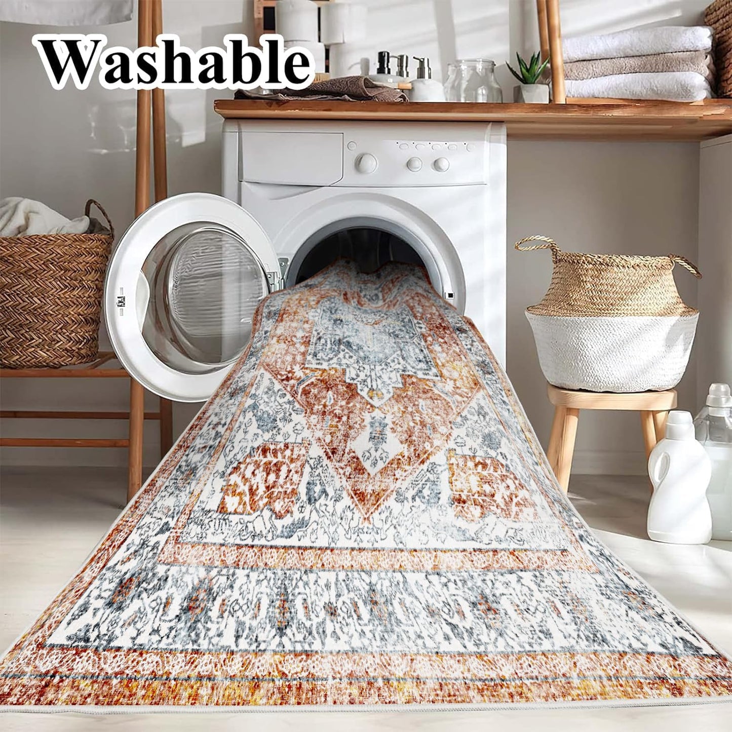 4x6 Washable Vintage Area Rug Tangerine Traditional Floor Cover Foldable Rug Retro Kitchen Accent Rug Indoor Distressed Non Slip Carpet Floral Print Mat Bedroom Living Room Bathroom