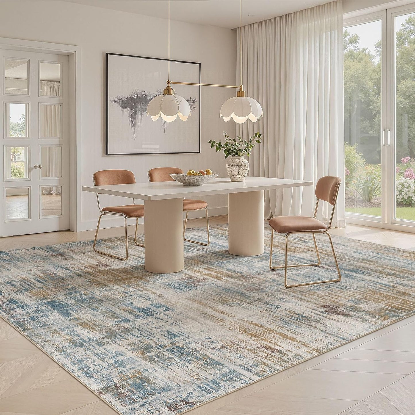 Area Rug for Living Room: 10x14 Washable Neutral Abstract Modern Soft Rugs Non Slip Indoor Floor Stain Resistant Large Carpet for Bedroom Dining Room Office Nursery - Blue Brown