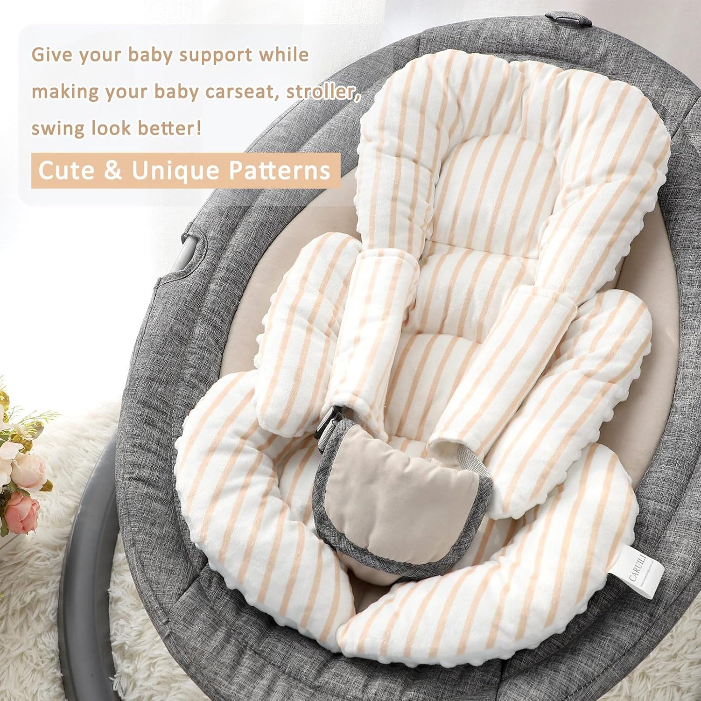 Infant Car Seat Insert, Car Seat Head Support Baby Girls Boys, Soft & Reversible Newborn Carseat Insert Cushion with 2 Strap Covers, for Stroller, Swing, Bouncer (Brown Line)