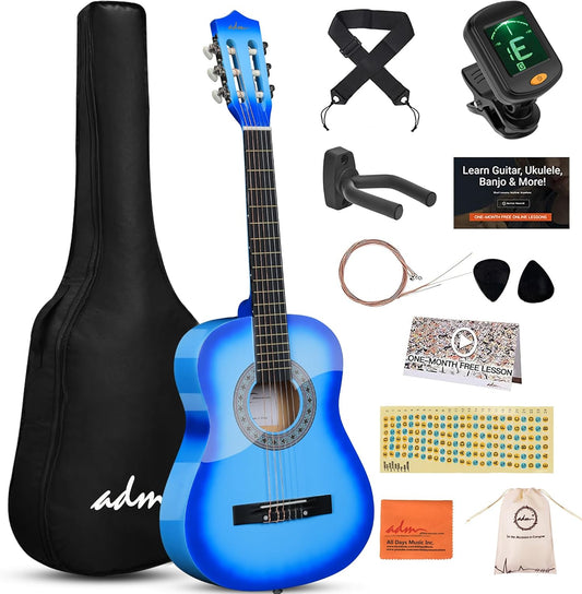 ADM Beginner Acoustic Classical Guitar 34 Inch Nylon Strings Wooden Guitar Bundle Kit for Kid Boy Girl Student Youth Guitarra Online Lessons with Gig Bag, Strap, Tuner, Strings, Picks, Blue