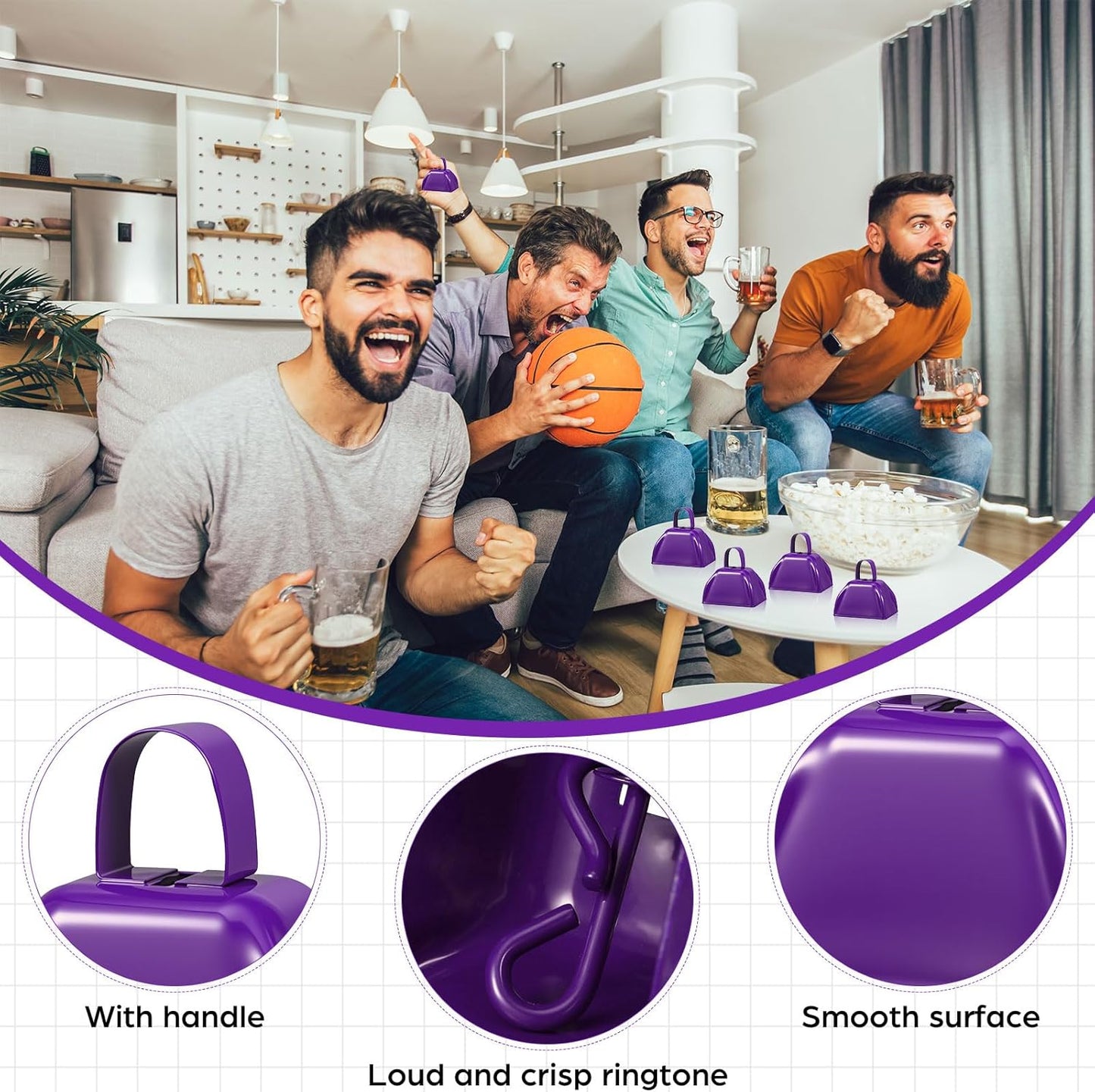 6 Pcs 3 Inch Metal Cowbells Noise Maker Hand Percussion Cow Bells with Handles for Sporting Events Cheering Noisemakers Weddings Team Spirit Sports Party Favors (Purple)