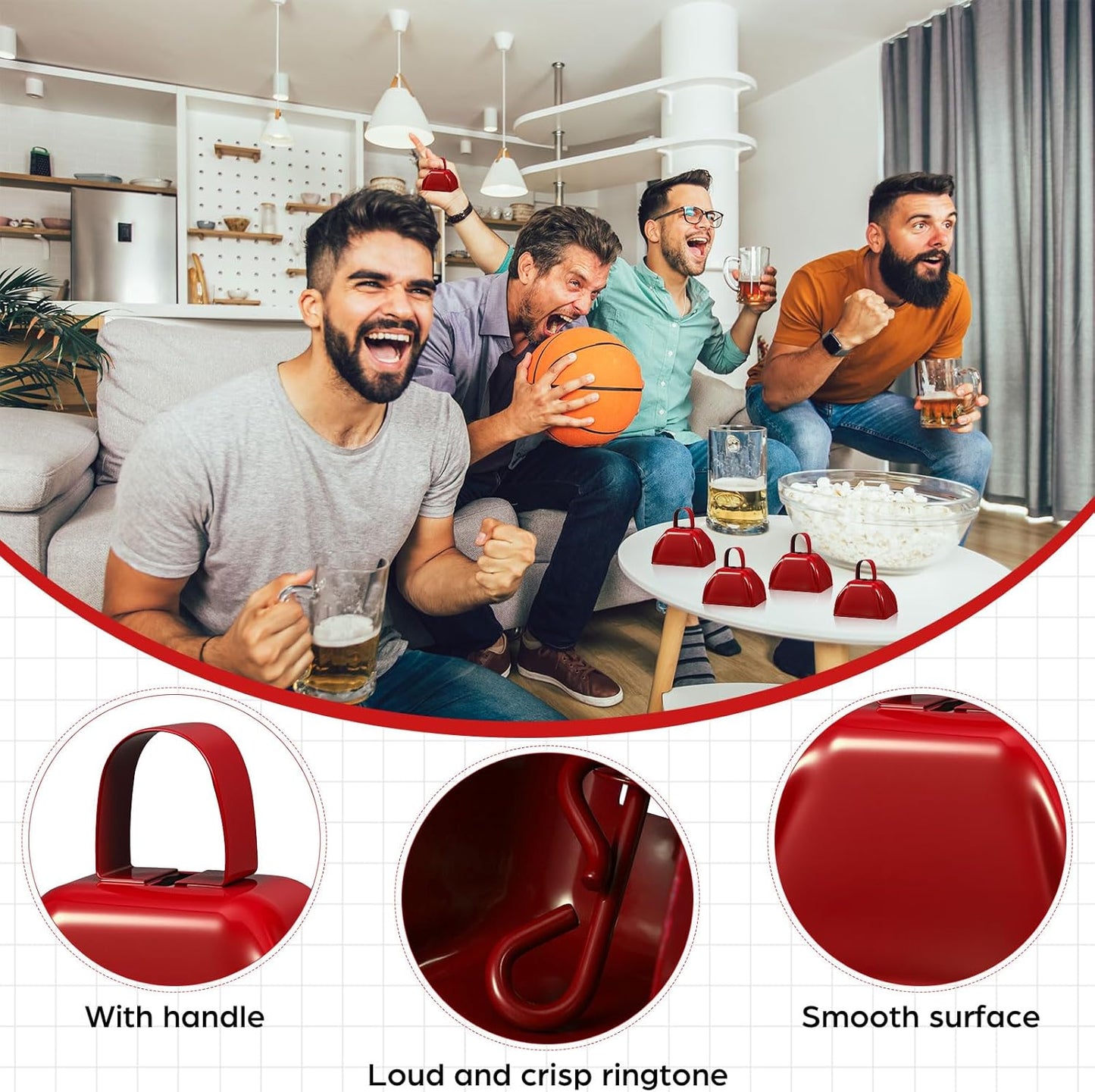 6 Pcs 3 Inch Metal Cowbells Noise Maker Hand Percussion Cow Bells with Handles for Sporting Events Cheering Noisemakers Weddings Team Spirit Sports Party Favors (Red)