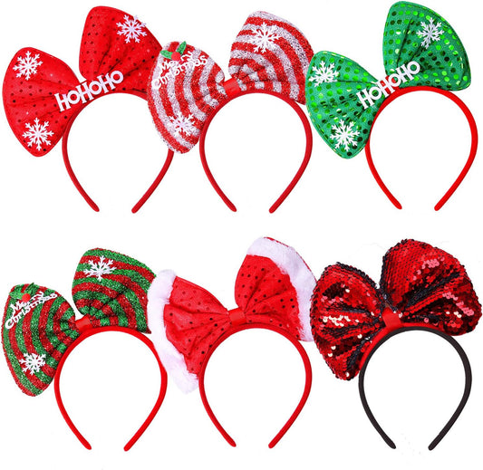 Aneco 6 Pack Christmas Bow Headband Party Hats Hair Hoop Holiday Decoration Headdress for Xmas Party Supplies