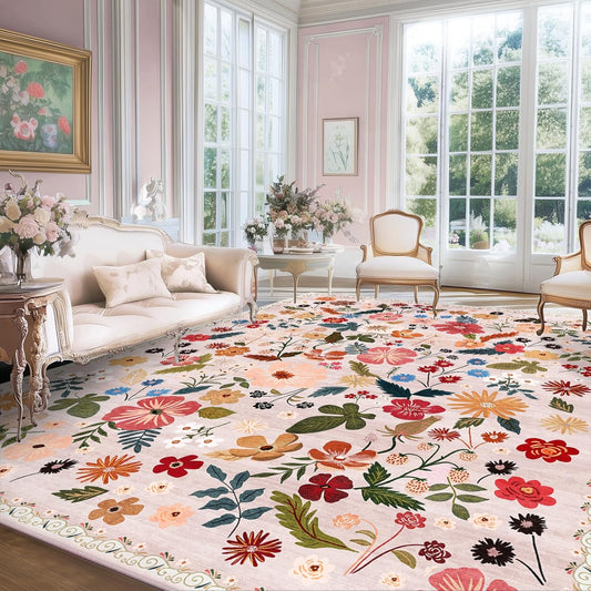 9x12 Washable Area Rugs Beige Pink Boho Floral Soft Girls Rugs for Bedroom Sound Absorbing Ultra-Thin Non Slip Stain Resistant Room Carpet Rug for Living Room Kids Playroom Farmhouse Dining Room