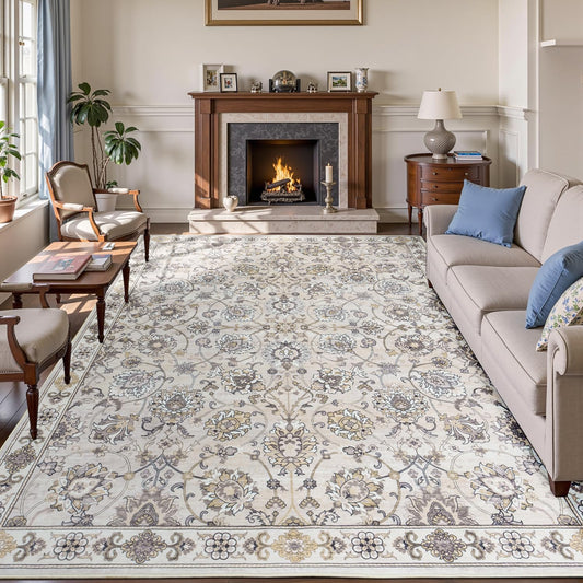 9x12 Neutral Area Rug for Living Room, Washable Large Rugs, Vintage Floral Soft Carpet, Non Slip & Low Pile, Wool Carpets for Indoor Bedroom Dining Home Playroom Office Under Table, Beige
