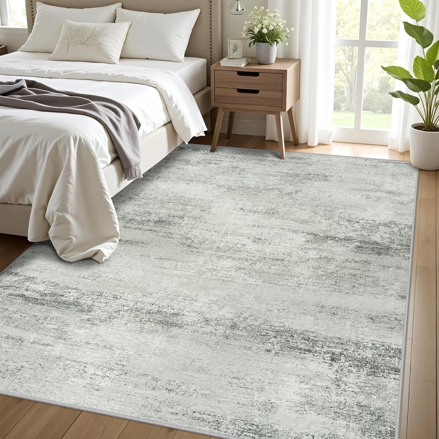 5x7 Area Rugs for Lliving Room Bedroom, Abstract Washable Rugs with Non-Slip Backing, Stain Resistant Thin Carpet for Dorm Dining Room Table Nursery Indoor Home Office-Gray